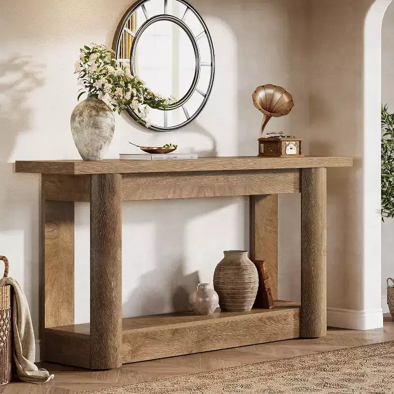 Mesa consola rústica de 63 pulgadas con almacenamiento de 2 niveles, mesa de sofá estrecha para recibidor y sala de estar