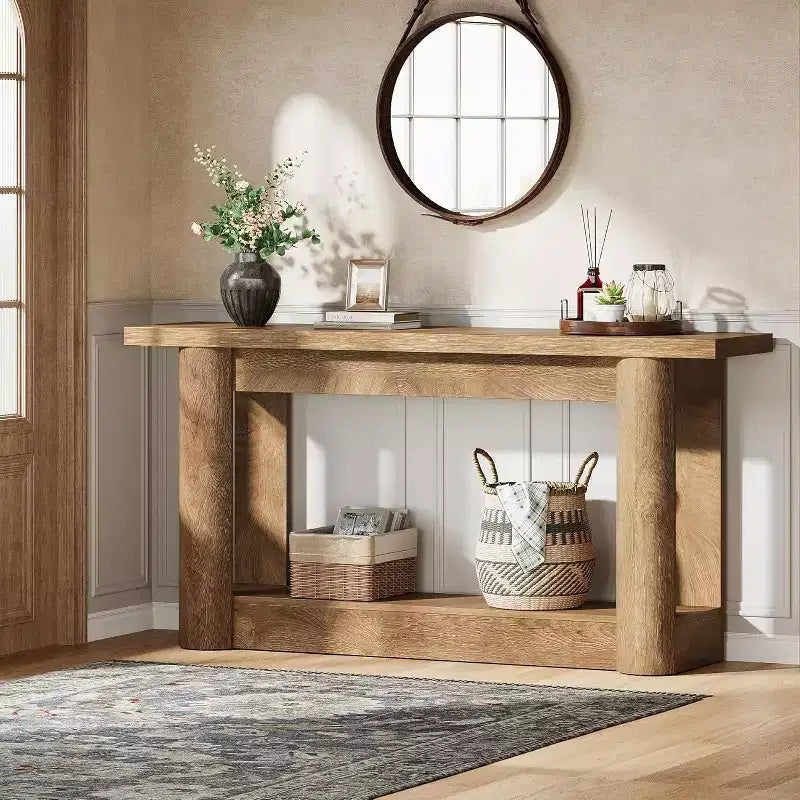 Mesa consola rústica de 63 pulgadas con almacenamiento de 2 niveles, mesa de sofá estrecha para recibidor y sala de estar