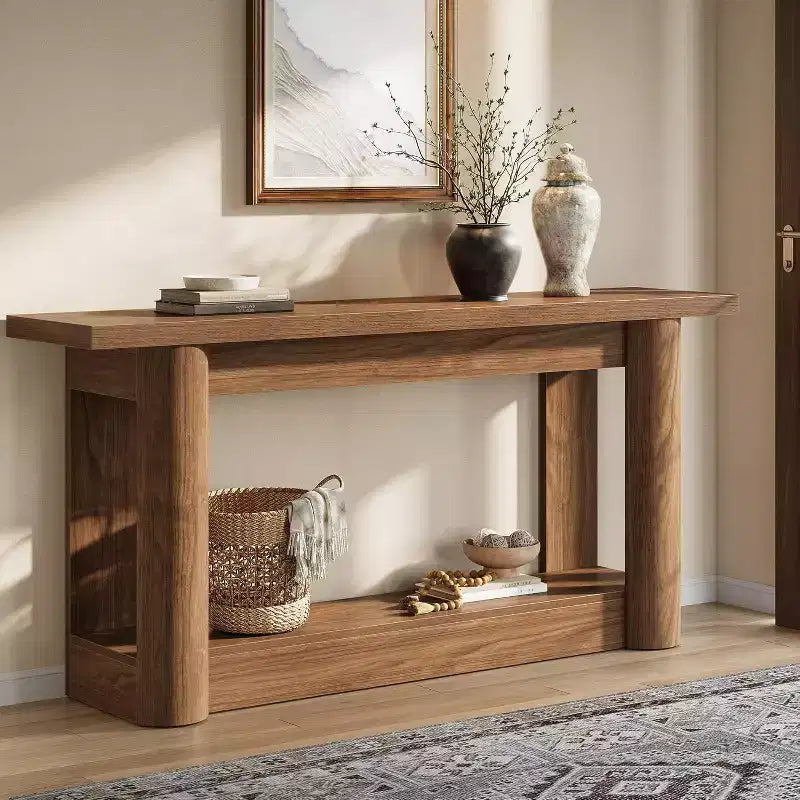 Mesa consola rústica de 63 pulgadas con almacenamiento de 2 niveles, mesa de sofá estrecha para recibidor y sala de estar