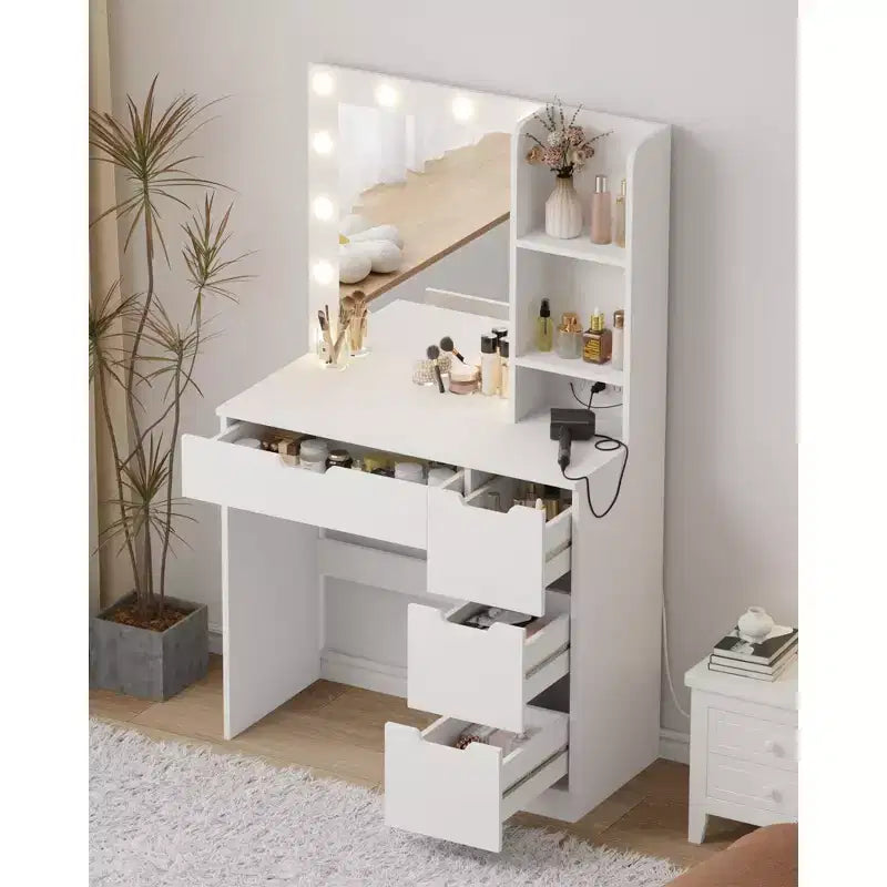 Tocador de maquillaje con 4 cajones y 2 estantes abiertos