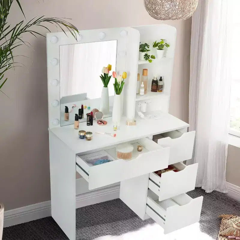 Tocador de maquillaje con 4 cajones y 2 estantes abiertos