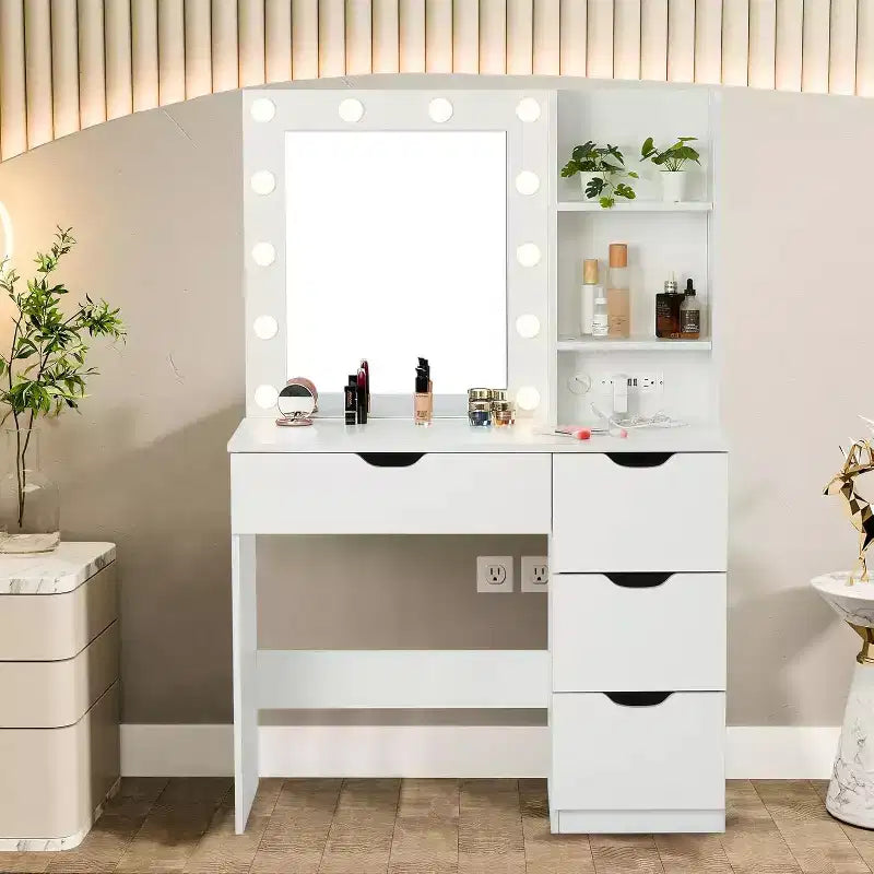 Tocador de maquillaje con 4 cajones y 2 estantes abiertos