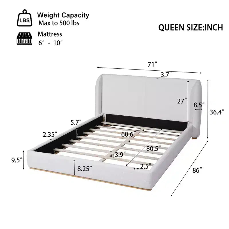 Base de cama con respaldo de ala tapizada en bouclé moderno