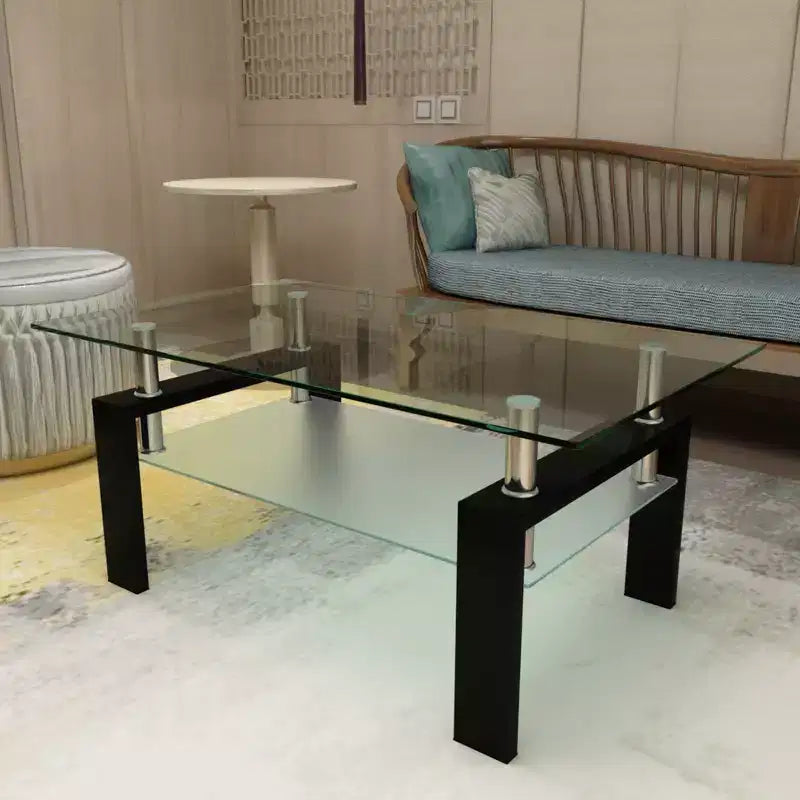 Mesa de centro rectangular moderna de cristal templado y hierro con estante