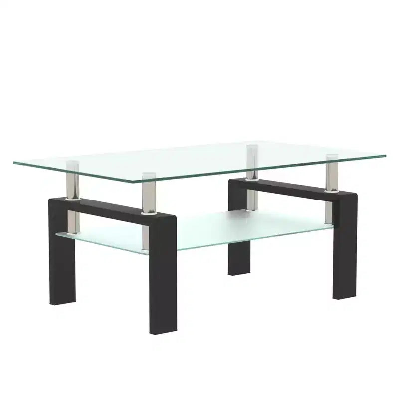 Mesa de centro rectangular moderna de cristal templado y hierro con estante