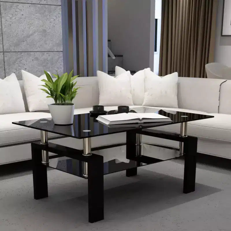 Mesa de centro rectangular moderna de cristal templado y hierro con estante