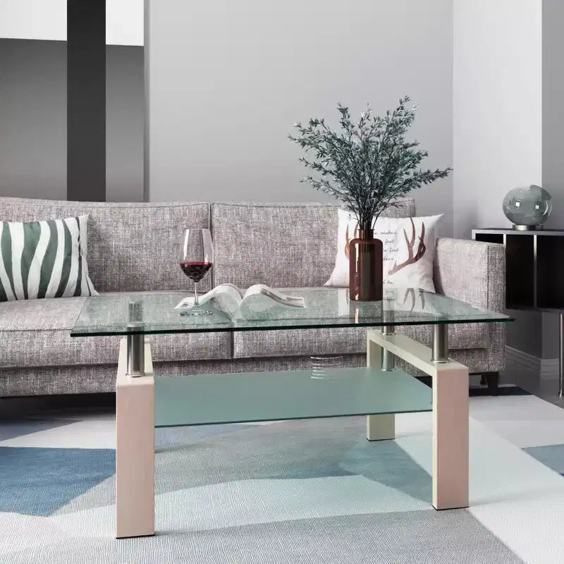 Mesa de centro rectangular moderna de cristal templado y hierro con estante