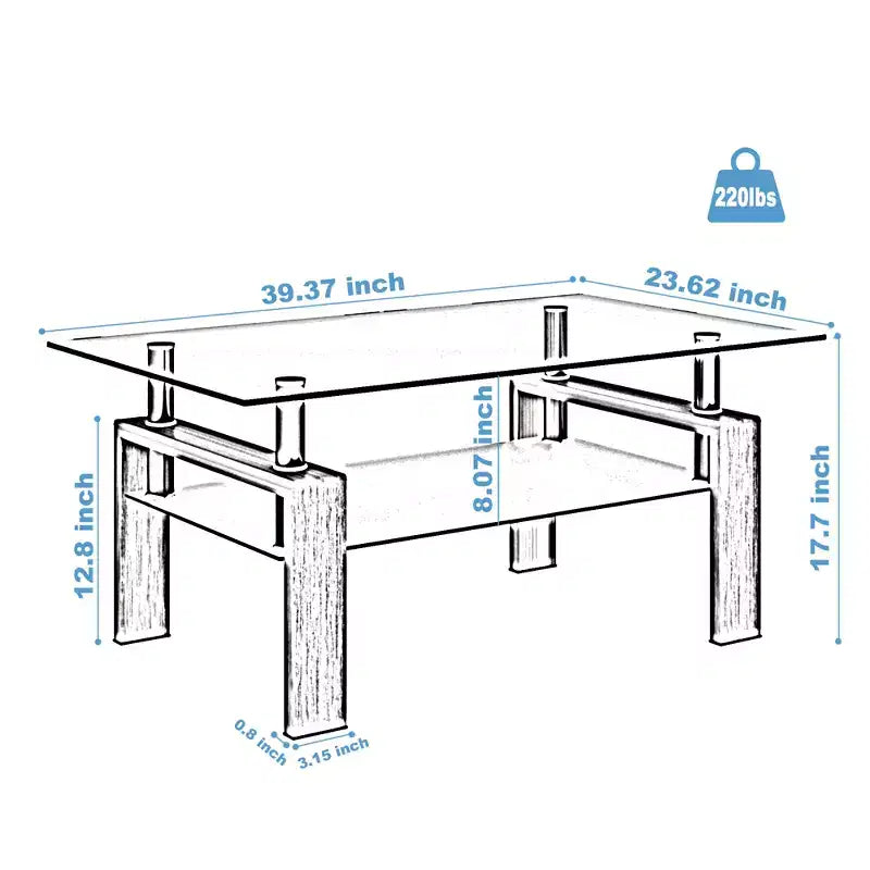 Mesa de centro rectangular moderna de cristal templado y hierro con estante