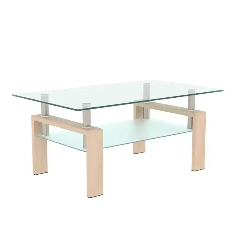 Mesa de centro rectangular moderna de cristal templado y hierro con estante