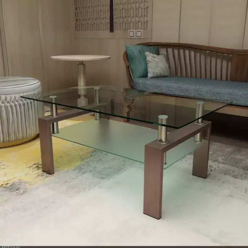 Mesa de centro rectangular moderna de cristal templado y hierro con estante