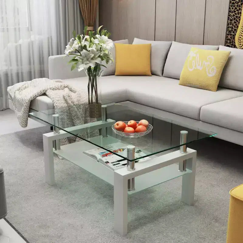Mesa de centro rectangular moderna de cristal templado y hierro con estante