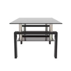 Mesa de centro rectangular moderna de cristal templado y hierro con estante
