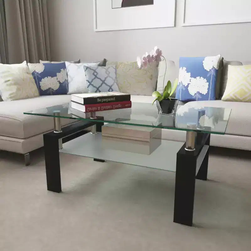 Mesa de centro rectangular moderna de cristal templado y hierro con estante