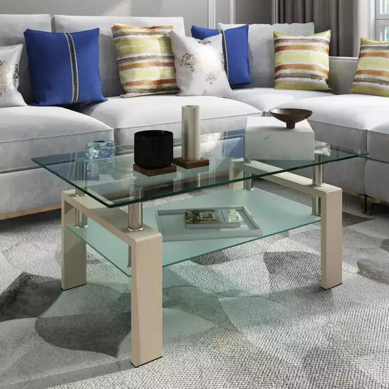 Mesa de centro rectangular moderna de cristal templado y hierro con estante