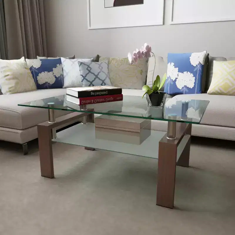 Mesa de centro rectangular moderna de cristal templado y hierro con estante