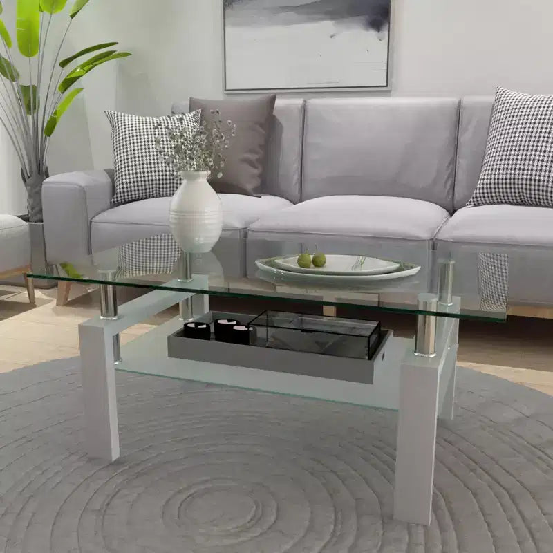 Mesa de centro rectangular moderna de cristal templado y hierro con estante