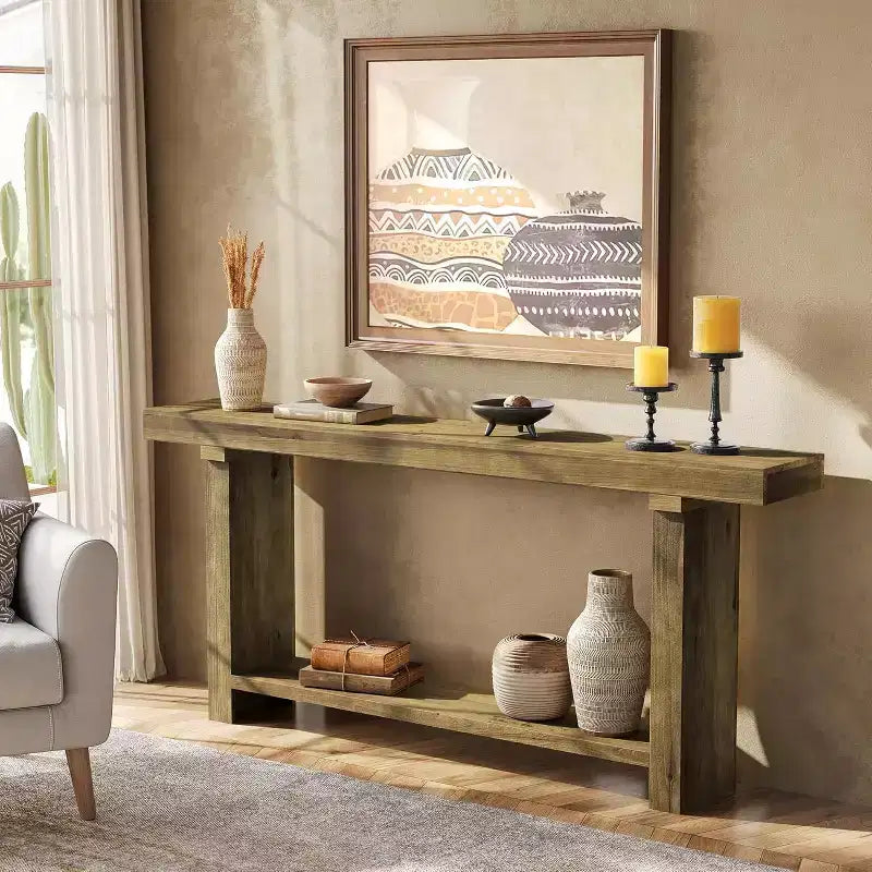 Consola de madera maciza de 70.9" – Mesa auxiliar de entrada estilo rústico, marrón oscuro