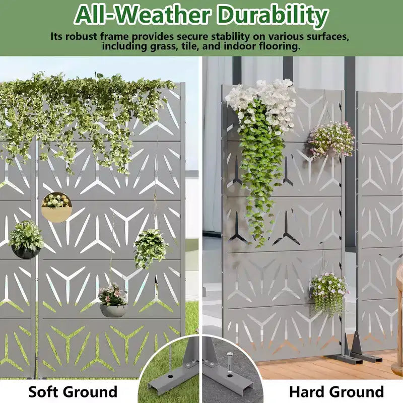 Divisor de habitación de acero galvanizado gris de 5 paneles, 59" x 30" x 16", biombo decorativo de doble cara