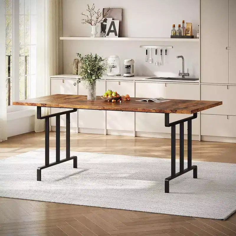 Mesa de comedor rectangular con estructura de metal y tablero de madera, para 6 personas