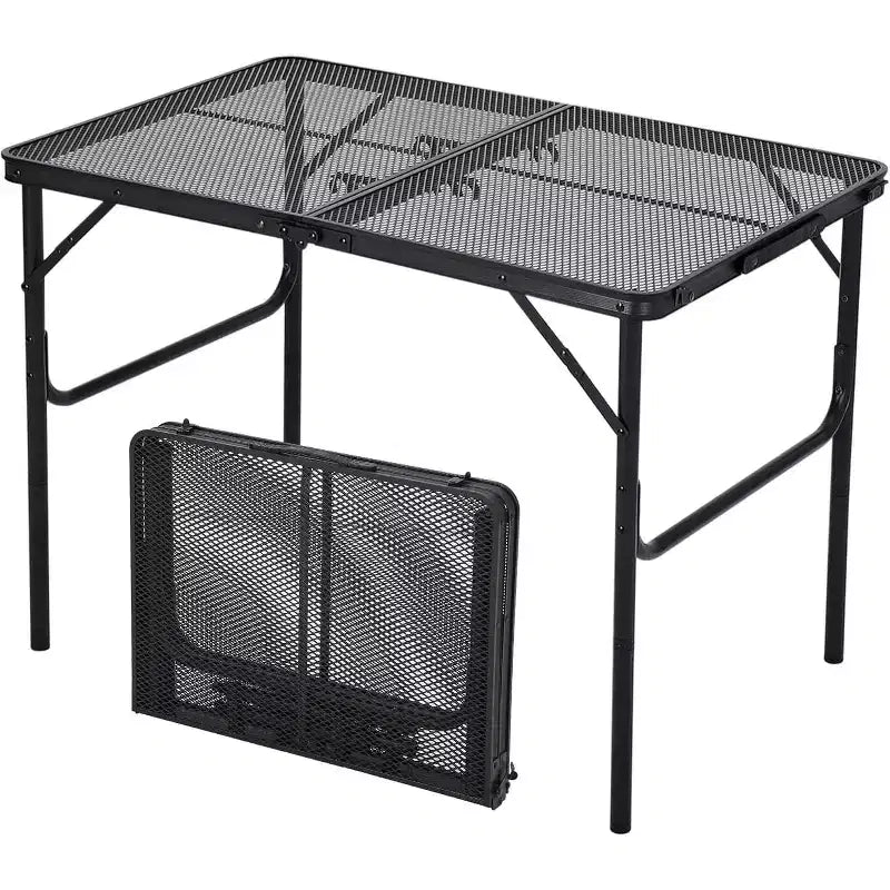 Mesa Parrilla Plegable con Tapa de Malla, Altura Ajustable, Mesa de Camping Portátil de Metal para BBQ, Picnic y Cocina al Aire Libre, Negro