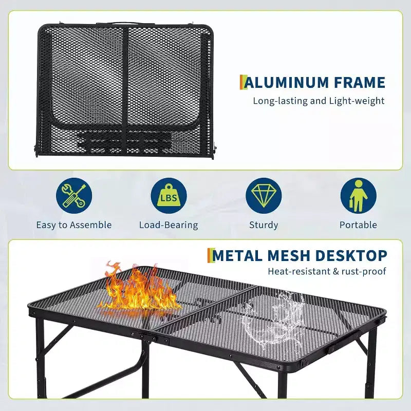 Mesa Parrilla Plegable con Tapa de Malla, Altura Ajustable, Mesa de Camping Portátil de Metal para BBQ, Picnic y Cocina al Aire Libre, Negro