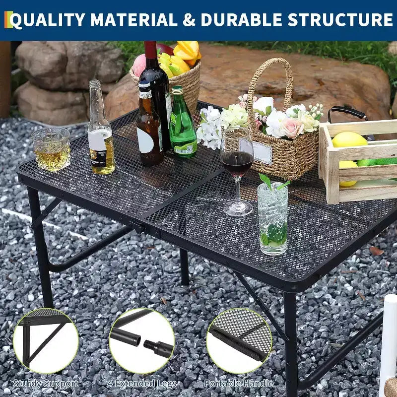 Mesa Parrilla Plegable con Tapa de Malla, Altura Ajustable, Mesa de Camping Portátil de Metal para BBQ, Picnic y Cocina al Aire Libre, Negro