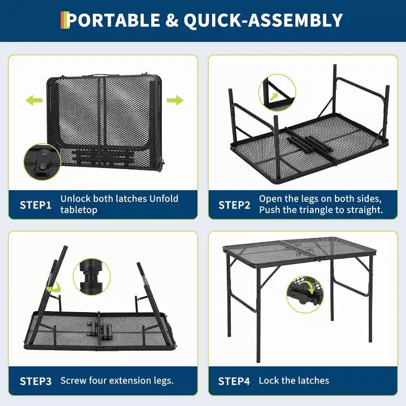 Mesa Parrilla Plegable con Tapa de Malla, Altura Ajustable, Mesa de Camping Portátil de Metal para BBQ, Picnic y Cocina al Aire Libre, Negro
