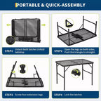 Mesa Parrilla Plegable con Tapa de Malla, Altura Ajustable, Mesa de Camping Portátil de Metal para BBQ, Picnic y Cocina al Aire Libre, Negro