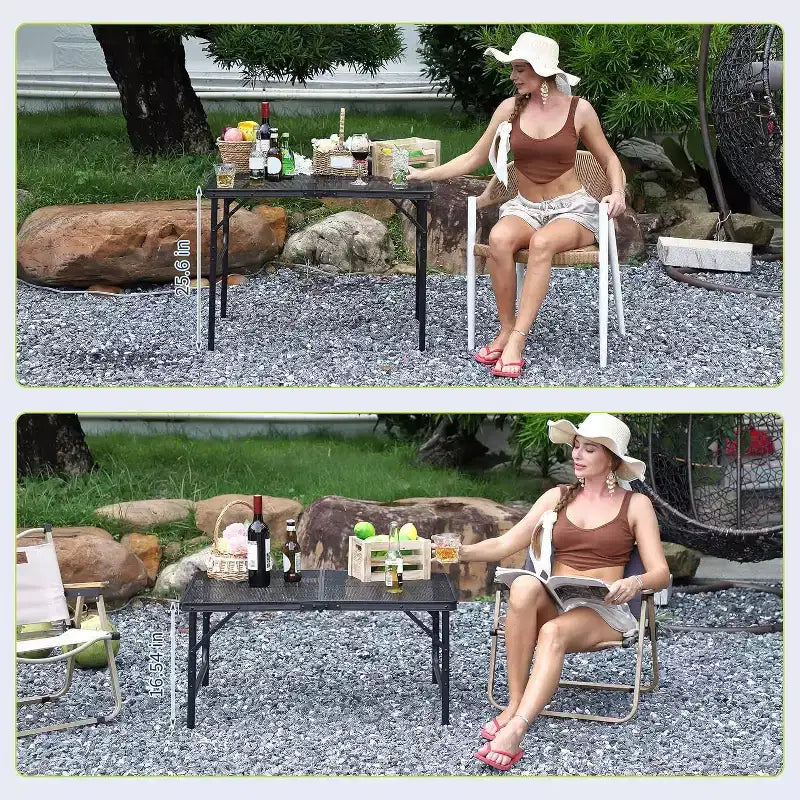 Mesa Parrilla Plegable con Tapa de Malla, Altura Ajustable, Mesa de Camping Portátil de Metal para BBQ, Picnic y Cocina al Aire Libre, Negro