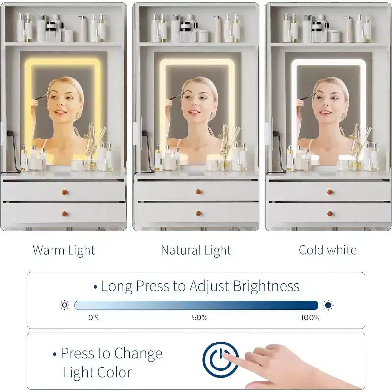 Tocador de maquillaje iluminado con espejo y cajones de almacenamiento