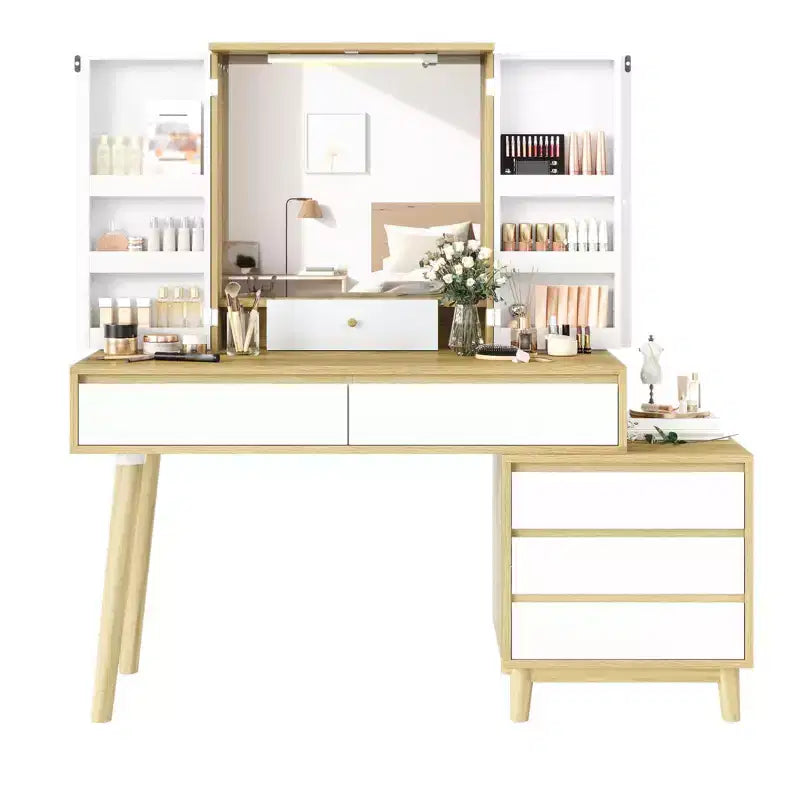 Tocador con espejo LED, 7 cajones y taburete – Blanco