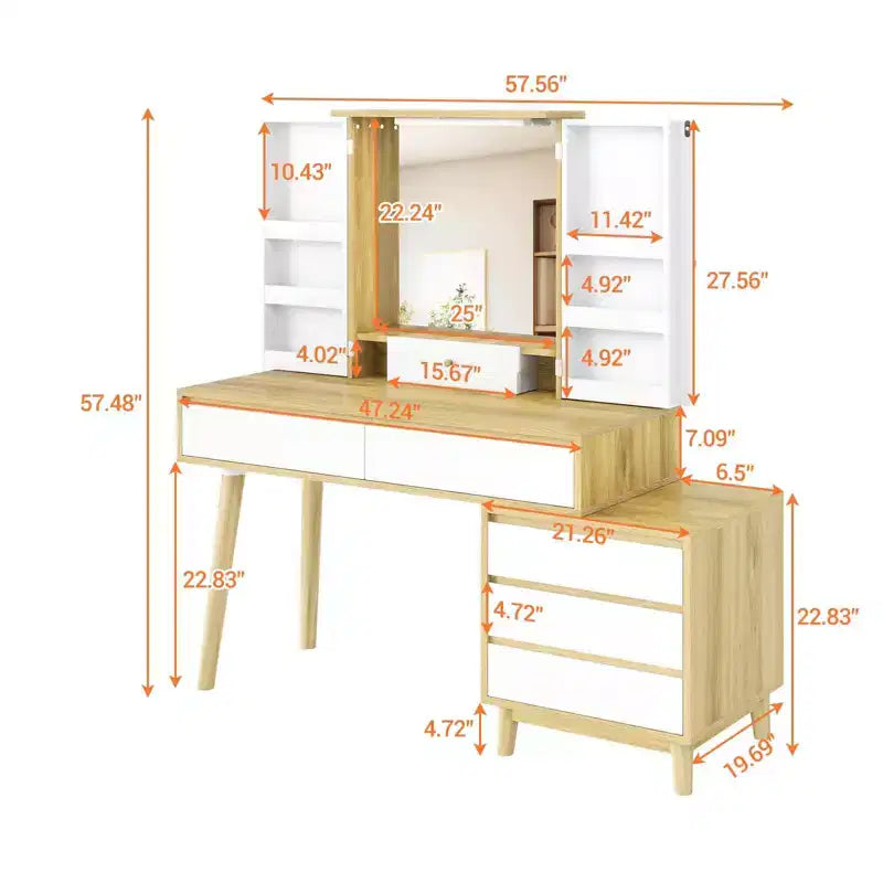 Tocador con espejo LED, 7 cajones y taburete – Blanco