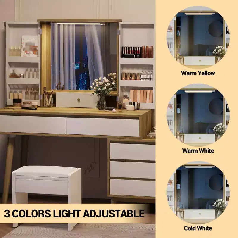 Tocador con espejo LED, 7 cajones y taburete – Blanco