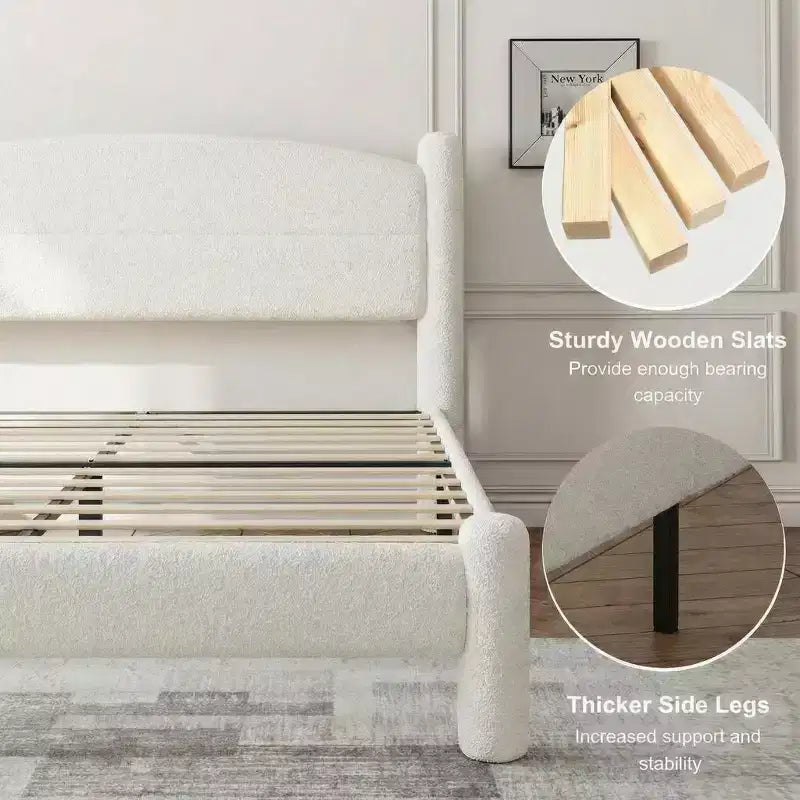 Base de cama tapizada con plataforma, cabecero redondo y patas cilíndricas