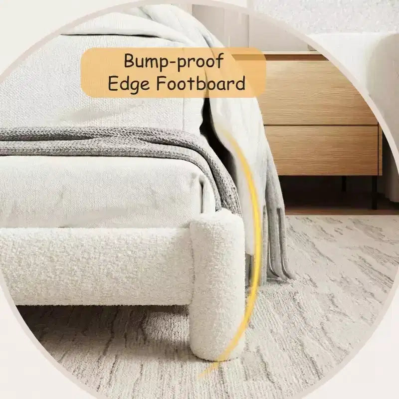 Base de cama tapizada con plataforma, cabecero redondo y patas cilíndricas