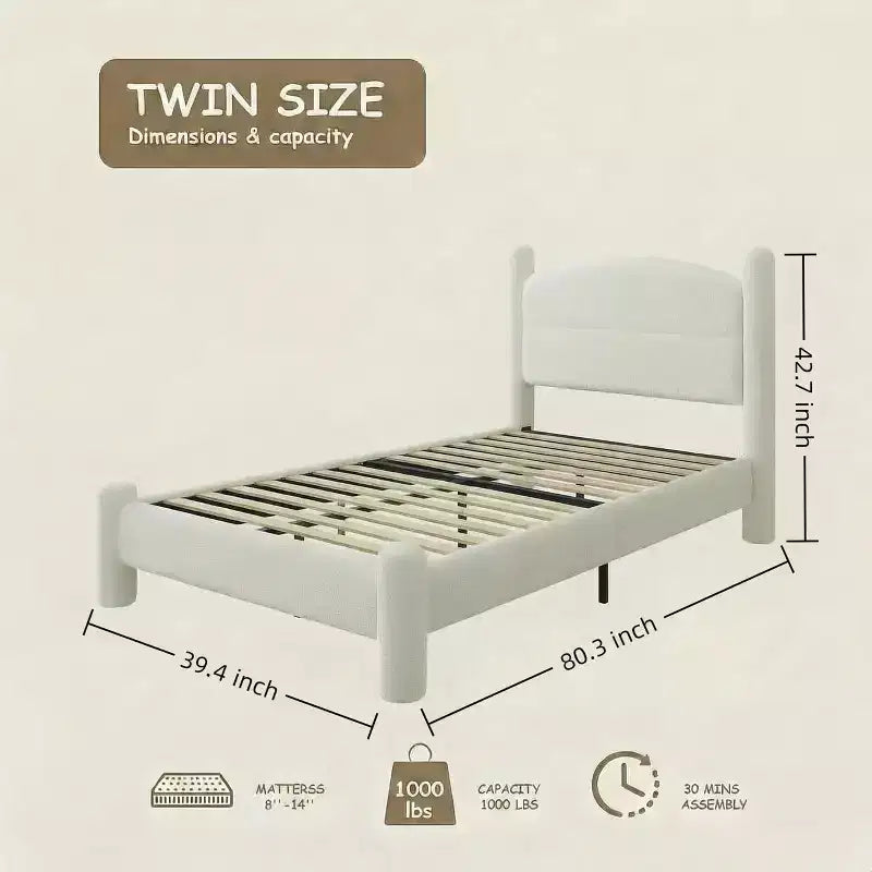 Base de cama tapizada con plataforma, cabecero redondo y patas cilíndricas