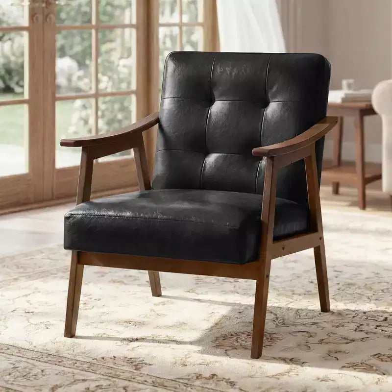 Sillón decorativo de piel sintética con respaldo capitoné, sillón individual moderno de mediados de siglo para sala de estar