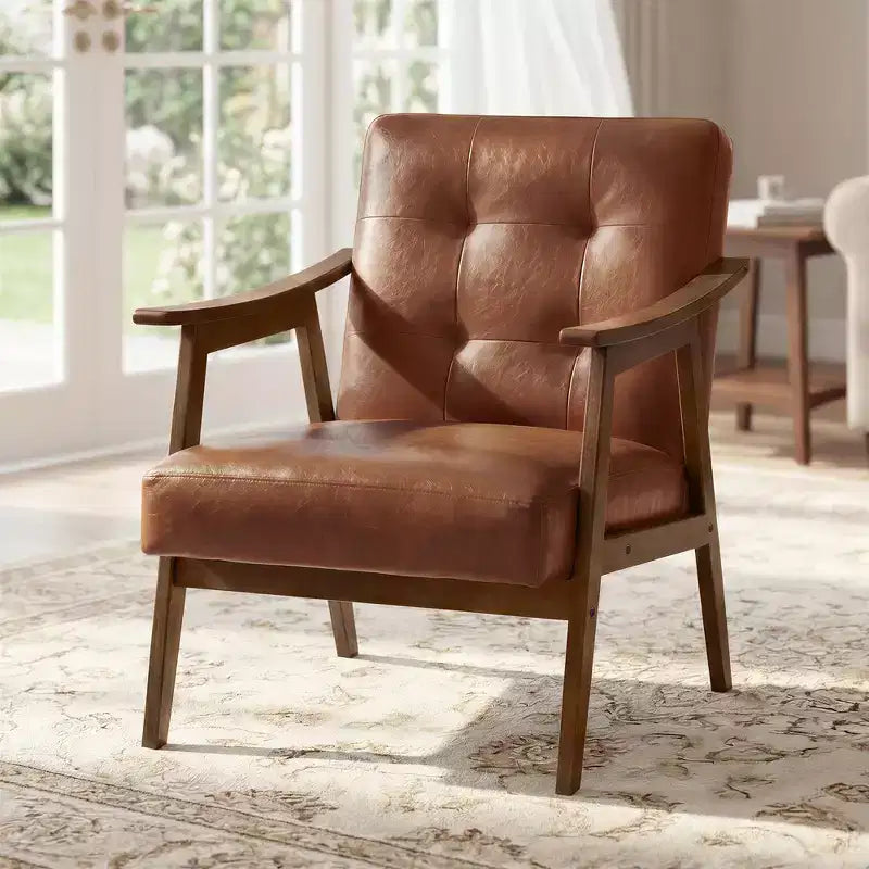 Sillón decorativo de piel sintética con respaldo capitoné, sillón individual moderno de mediados de siglo para sala de estar