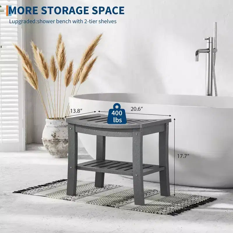 Banco de ducha de HDPE con estante de almacenamiento – Capacidad de 400 lb, impermeable, para personas mayores