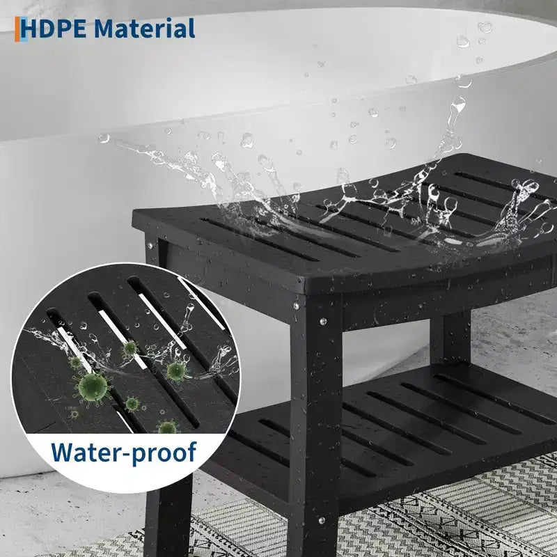 Banco de ducha de HDPE con estante de almacenamiento – Capacidad de 400 lb, impermeable, para personas mayores