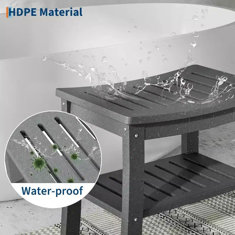 Banco de ducha de HDPE con estante de almacenamiento – Capacidad de 400 lb, impermeable, para personas mayores