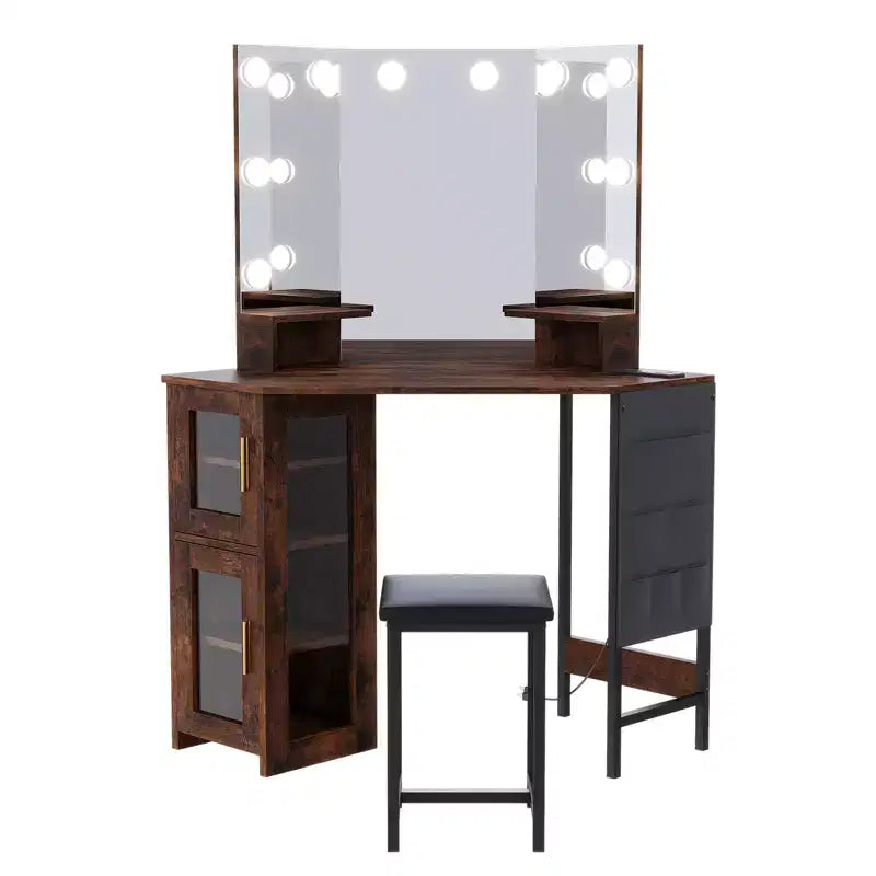 Juego de tocador de esquina con espejo LED y taburete