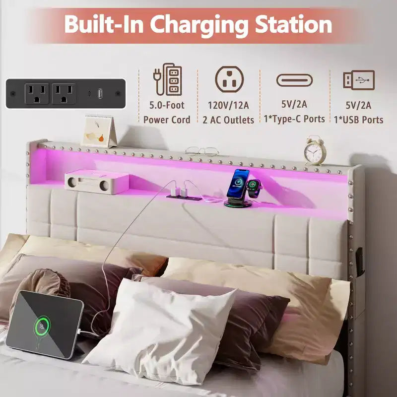 Base de Cama Tamaño Matrimonial con Almacenamiento, Luces LED y Estación de Carga
