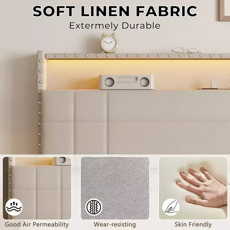 Base de Cama Tamaño Matrimonial con Almacenamiento, Luces LED y Estación de Carga