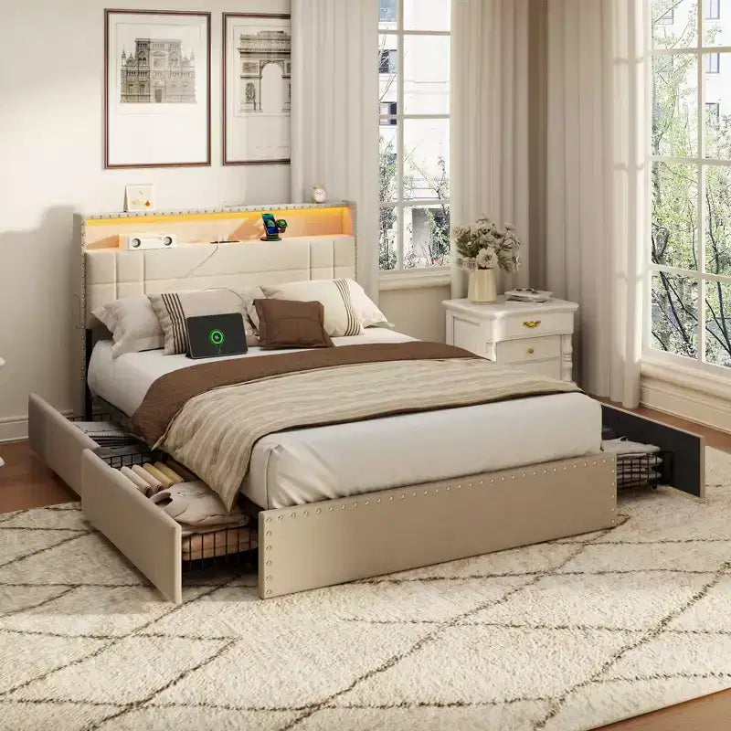 Base de Cama Tamaño Matrimonial con Almacenamiento, Luces LED y Estación de Carga
