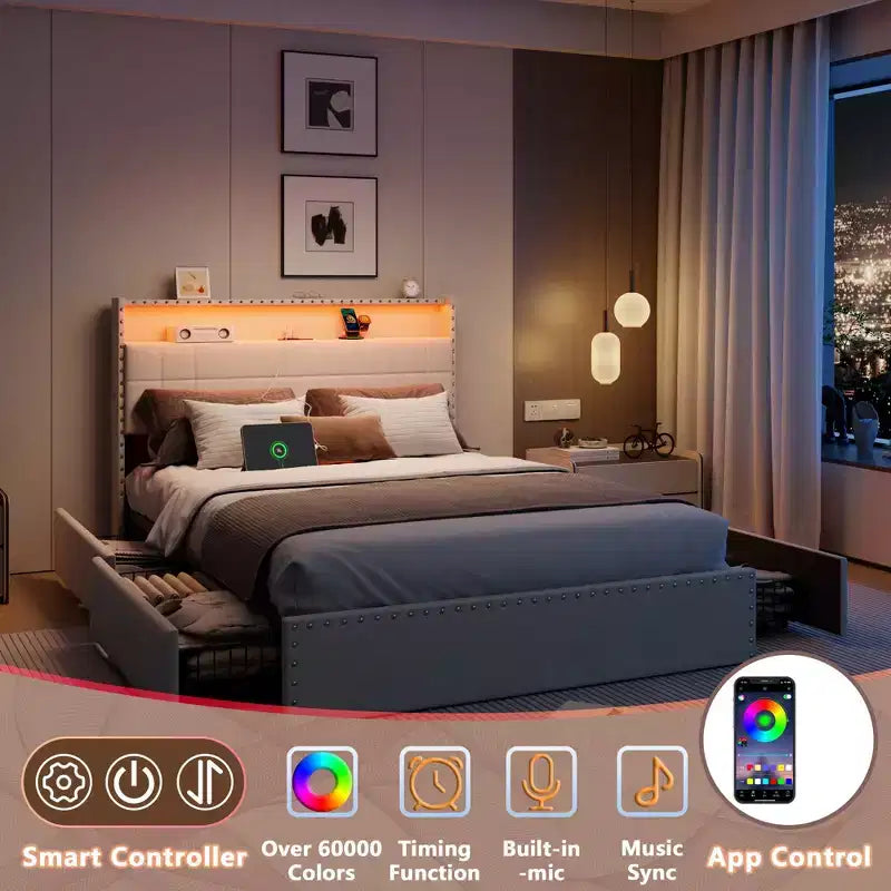 Base de Cama Tamaño Matrimonial con Almacenamiento, Luces LED y Estación de Carga
