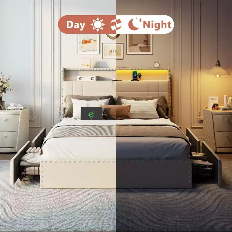 Base de Cama Tamaño Matrimonial con Almacenamiento, Luces LED y Estación de Carga