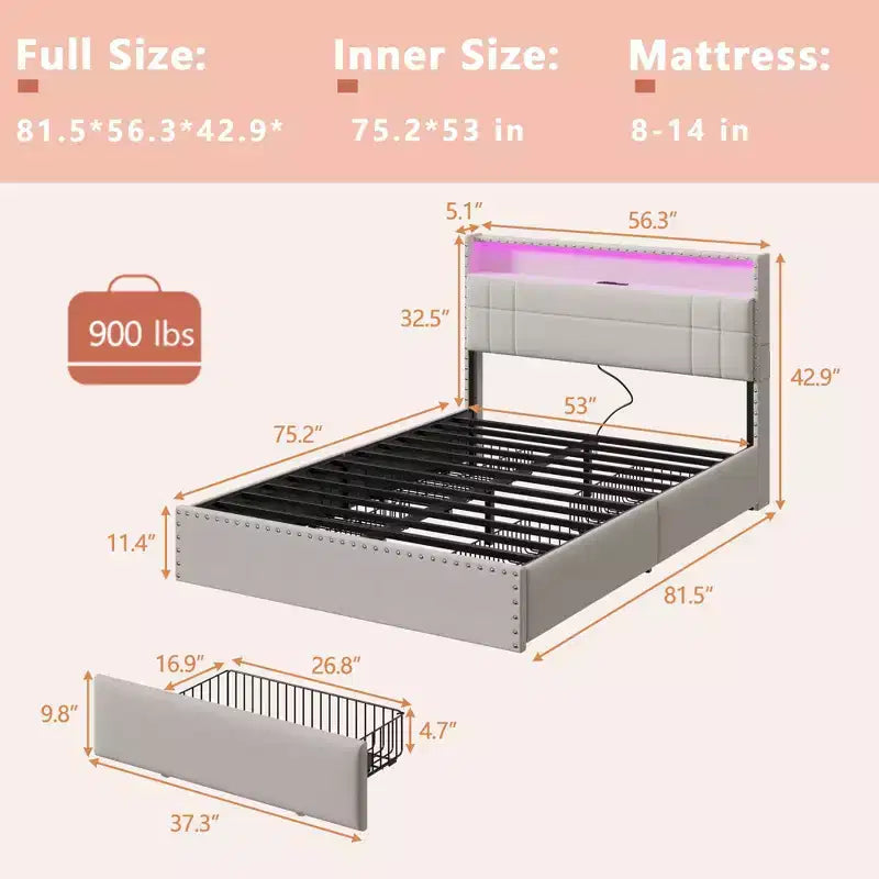 Base de Cama Tamaño Matrimonial con Almacenamiento, Luces LED y Estación de Carga