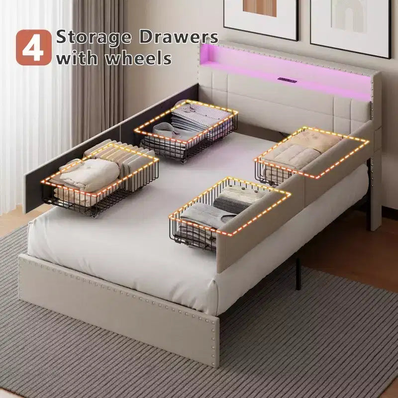 Base de Cama Tamaño Matrimonial con Almacenamiento, Luces LED y Estación de Carga