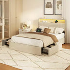 Base de Cama Tamaño Matrimonial con Almacenamiento, Luces LED y Estación de Carga